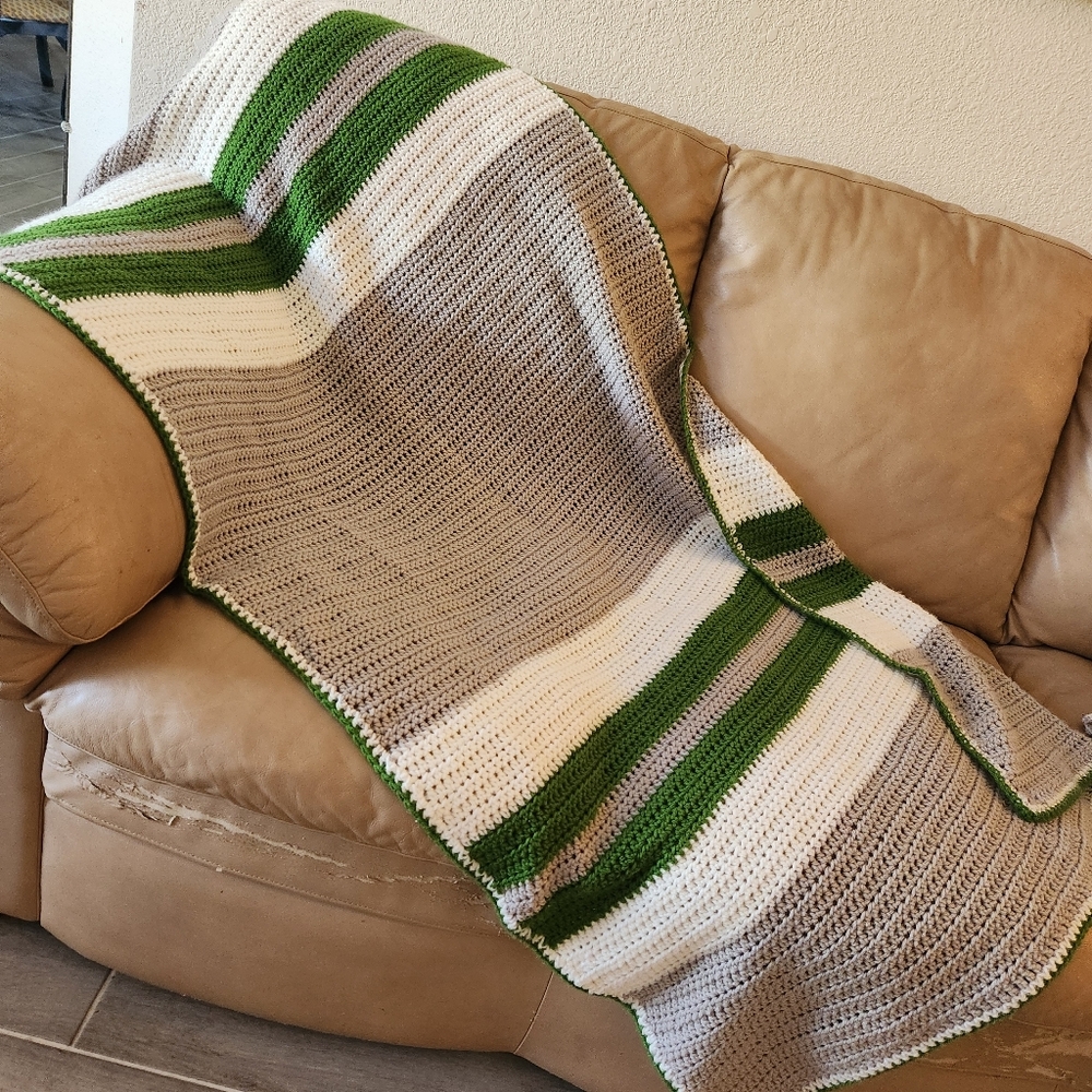 Hand knit blanket grey green wool blend stripes crochet throw couch runner decor